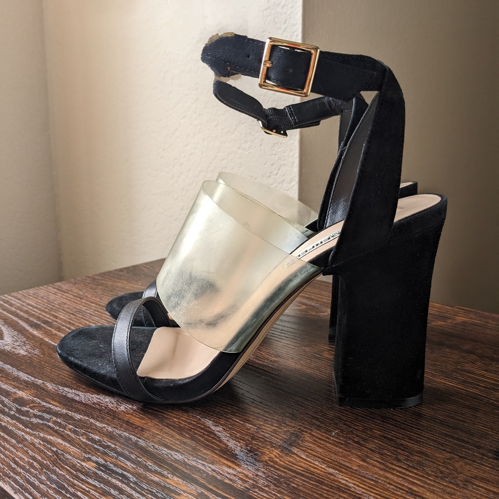 Karl Lagerfeld Raya Black Leather Suede Clear Plastic Ankle Strap Heels